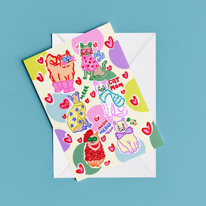 Cat Mom print – flat lay mock-up showing the colourful illustrated design
