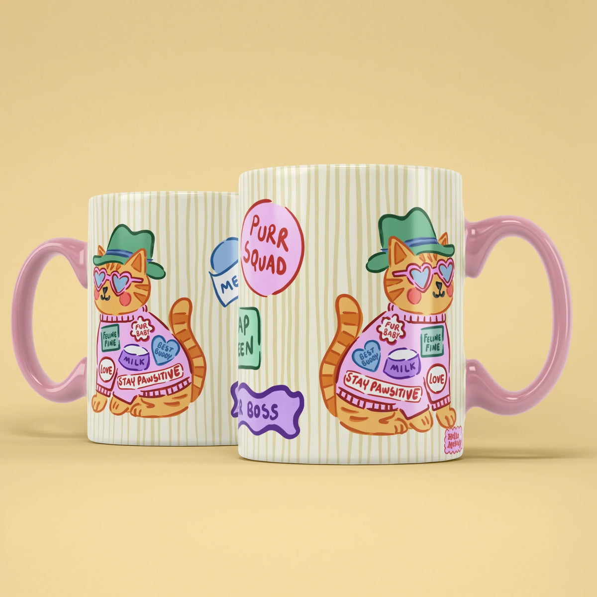 Cat Patch Mug – two mugs showing front and back of the patch design