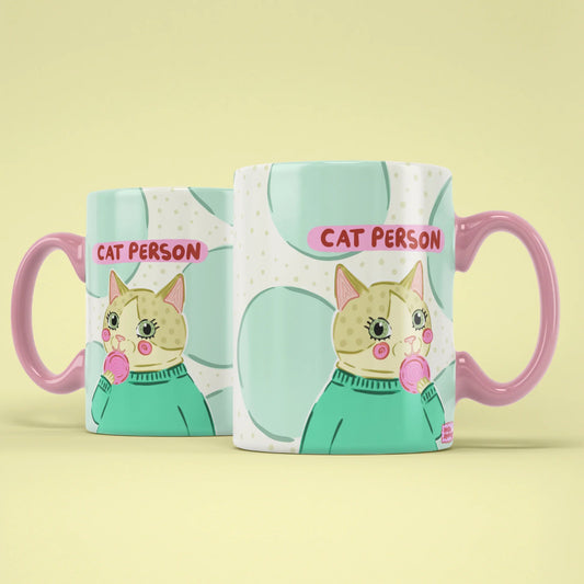 Cat Person Mug – two mugs showing front and back of the retro cat design