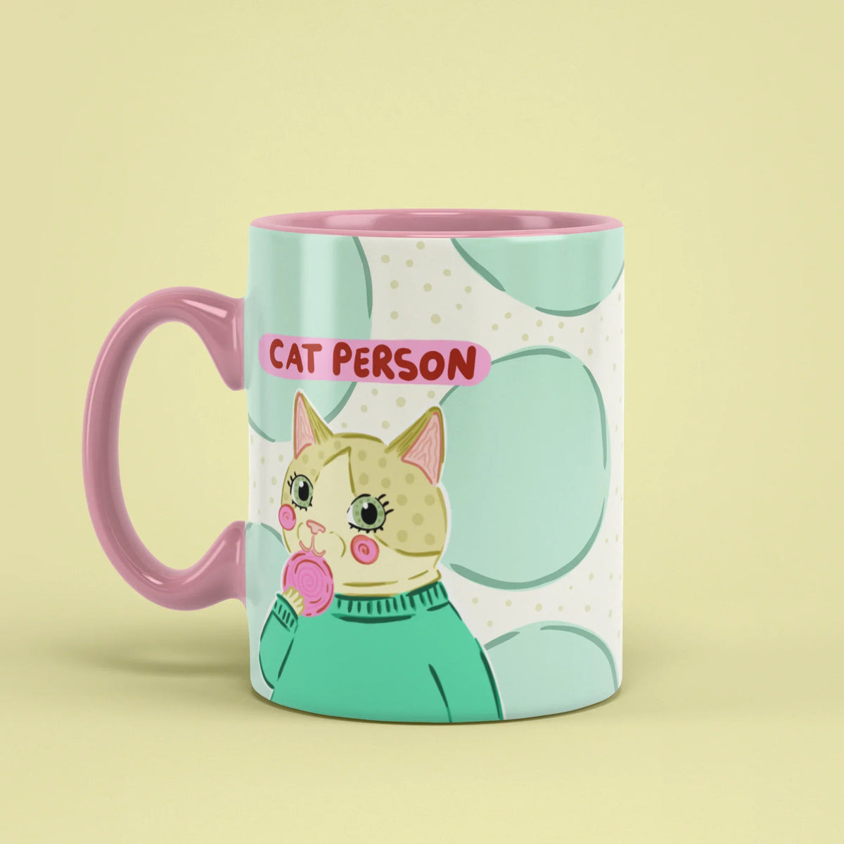 Cat Person Mug – retro cat cup with pink handle on left