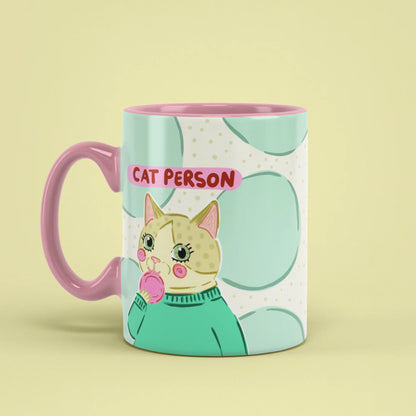 Cat Person Mug – retro cat cup with pink handle on left