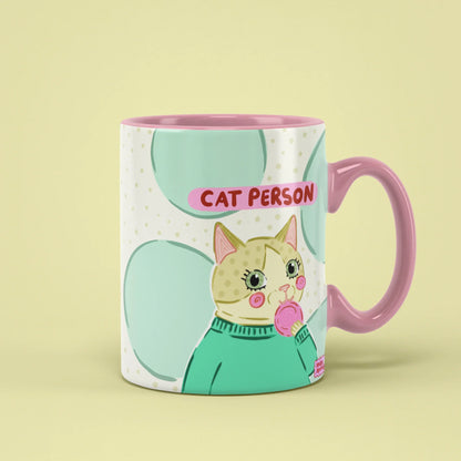 Cat Person Mug – retro pastel cat illustration, pink handle on right