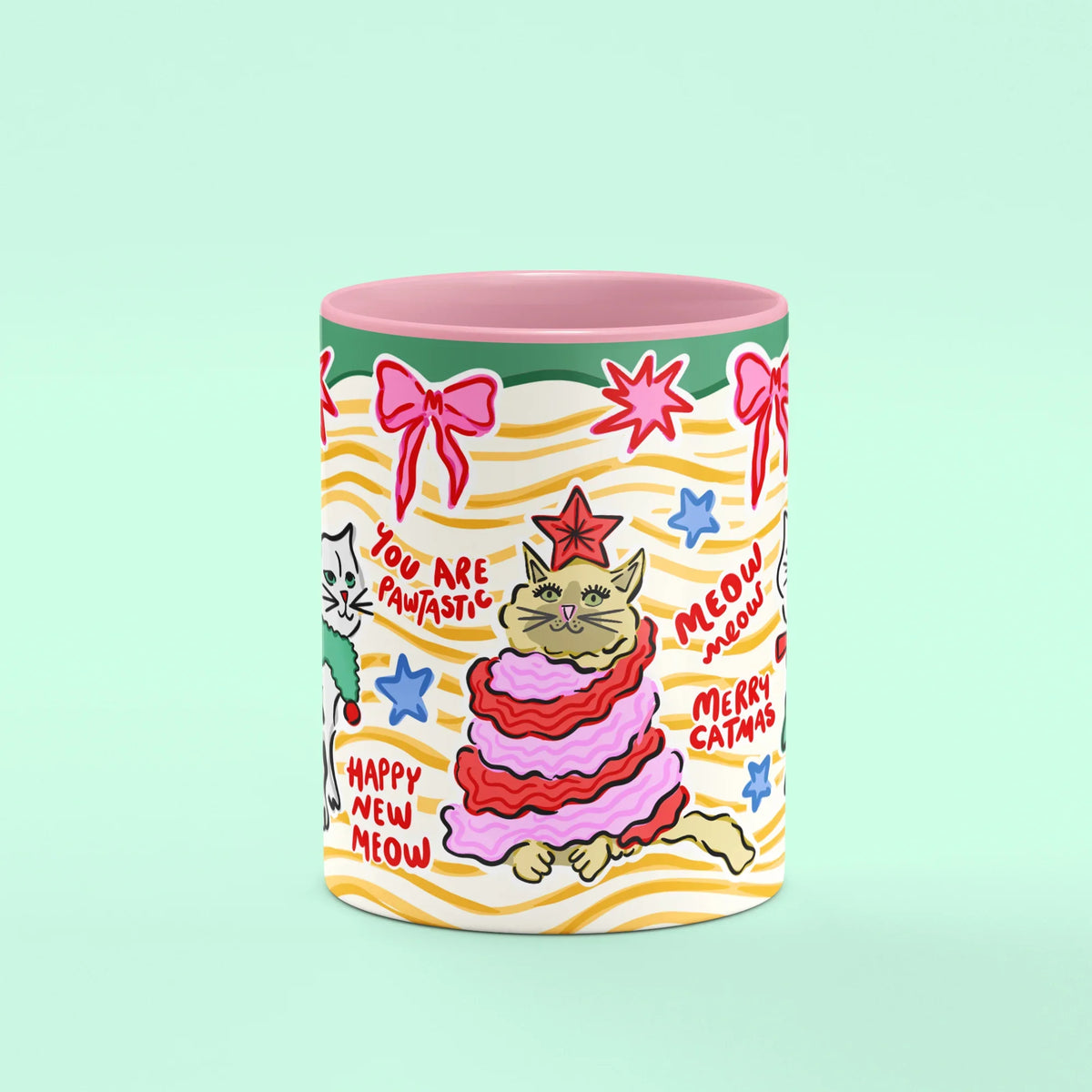 Catmas Mug – front view of cat by the Christmas tree