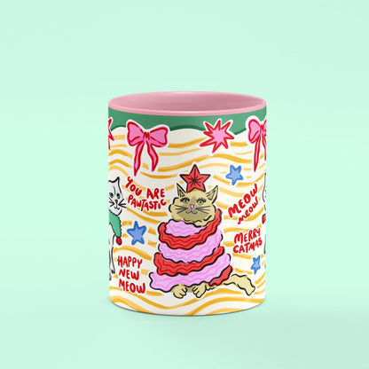 Catmas Mug – front view of cat by the Christmas tree