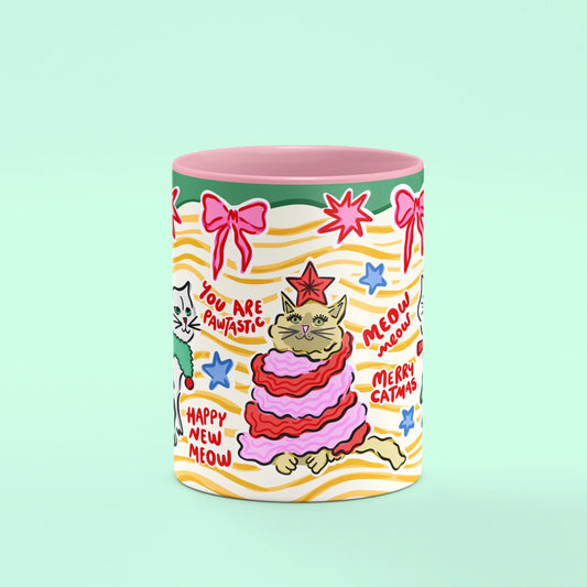 Catmas Mug – front view of cat by the Christmas tree