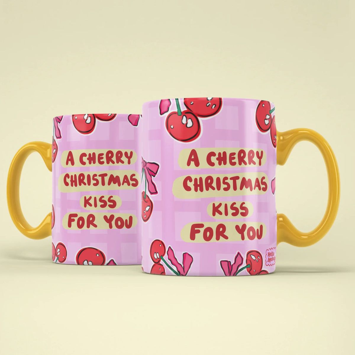 Cherry Kiss Mug – two mugs showing front and back of the cherry design