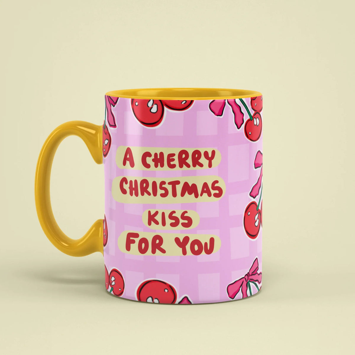 Cherry Kiss Mug – festive cherry cup with yellow handle on left