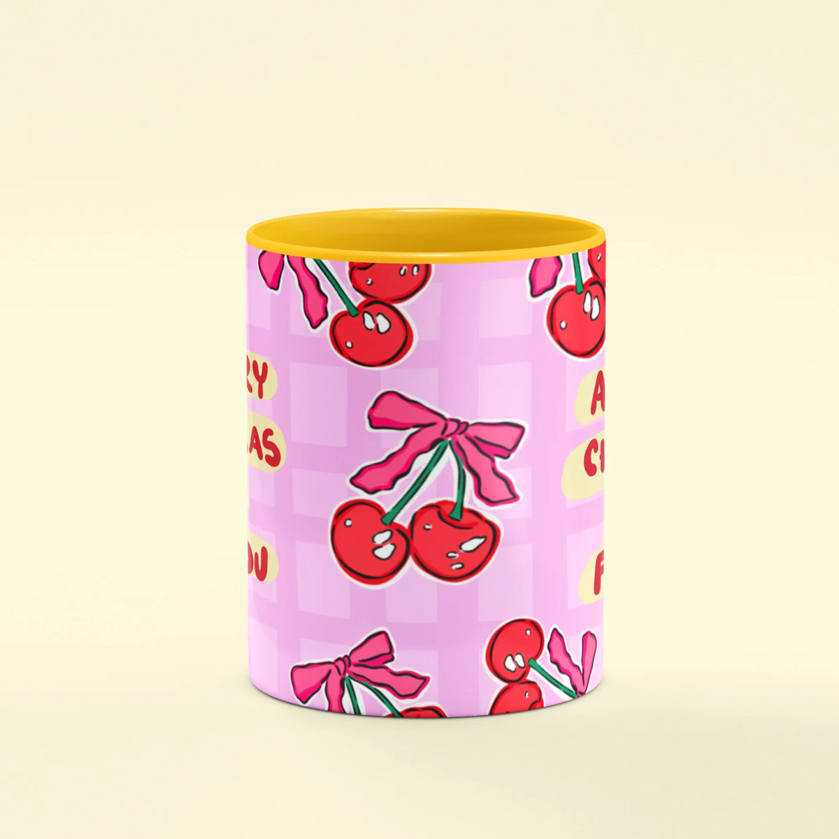 Cherry Kiss Mug – front view of cherries with festive bows