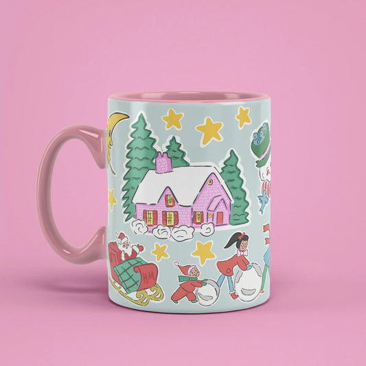 Christmas Spirit Mug – festive cup with pink handle on left