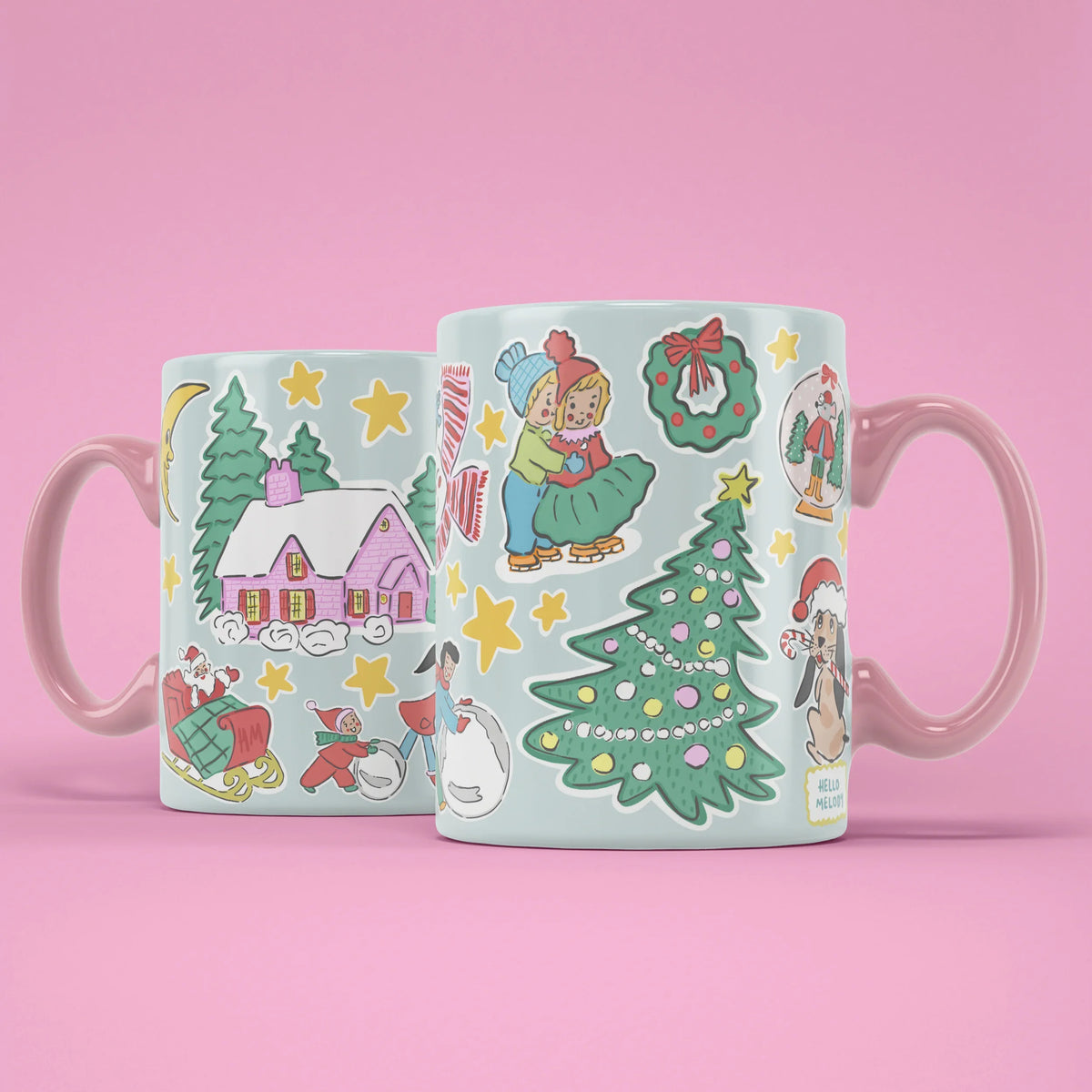 Christmas Spirit Mug – snowman and winter cottage, pink handle on right