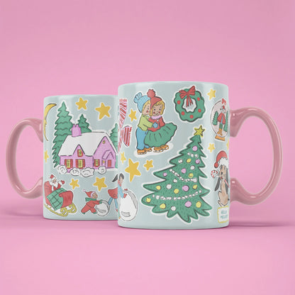 Christmas Spirit Mug – snowman and winter cottage, pink handle on right