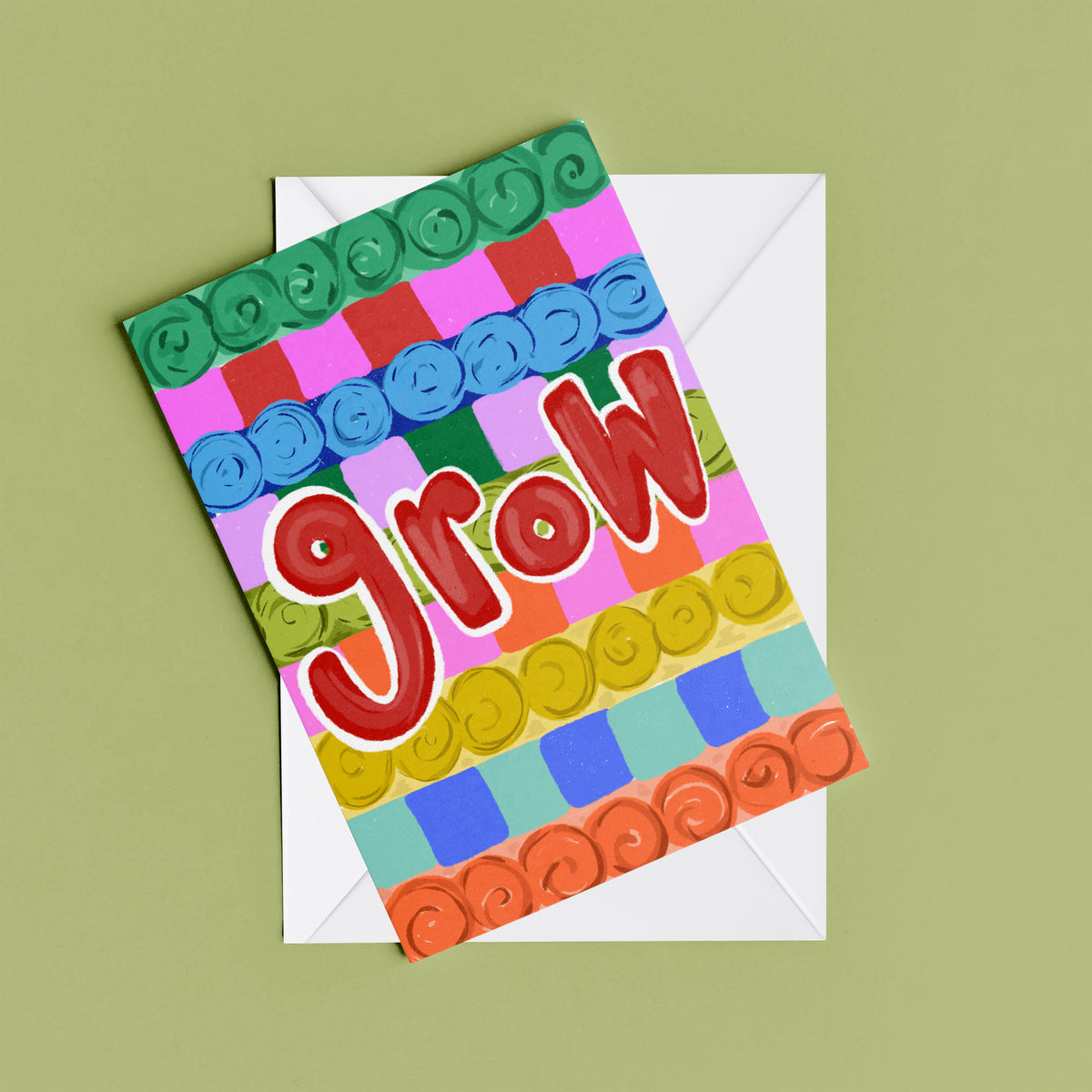Colourful Grow print – flat lay mock-up showing the colourful illustrated design
