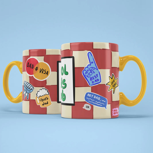 Cool Dads Club Mug shown from both sides with red checks