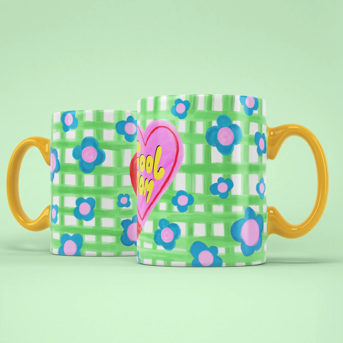 Cool Mom Mug shown from both sides with flower pattern