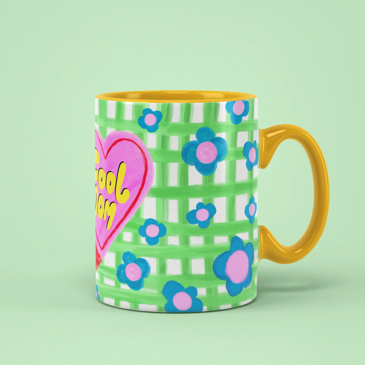 Cool Mom Mug with pink heart and flowers on green gingham