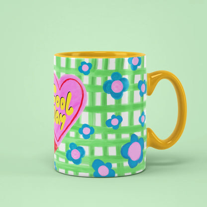 Cool Mom Mug with pink heart and flowers on green gingham