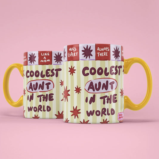 Coolest Aunt Mug shown from both sides with starry design