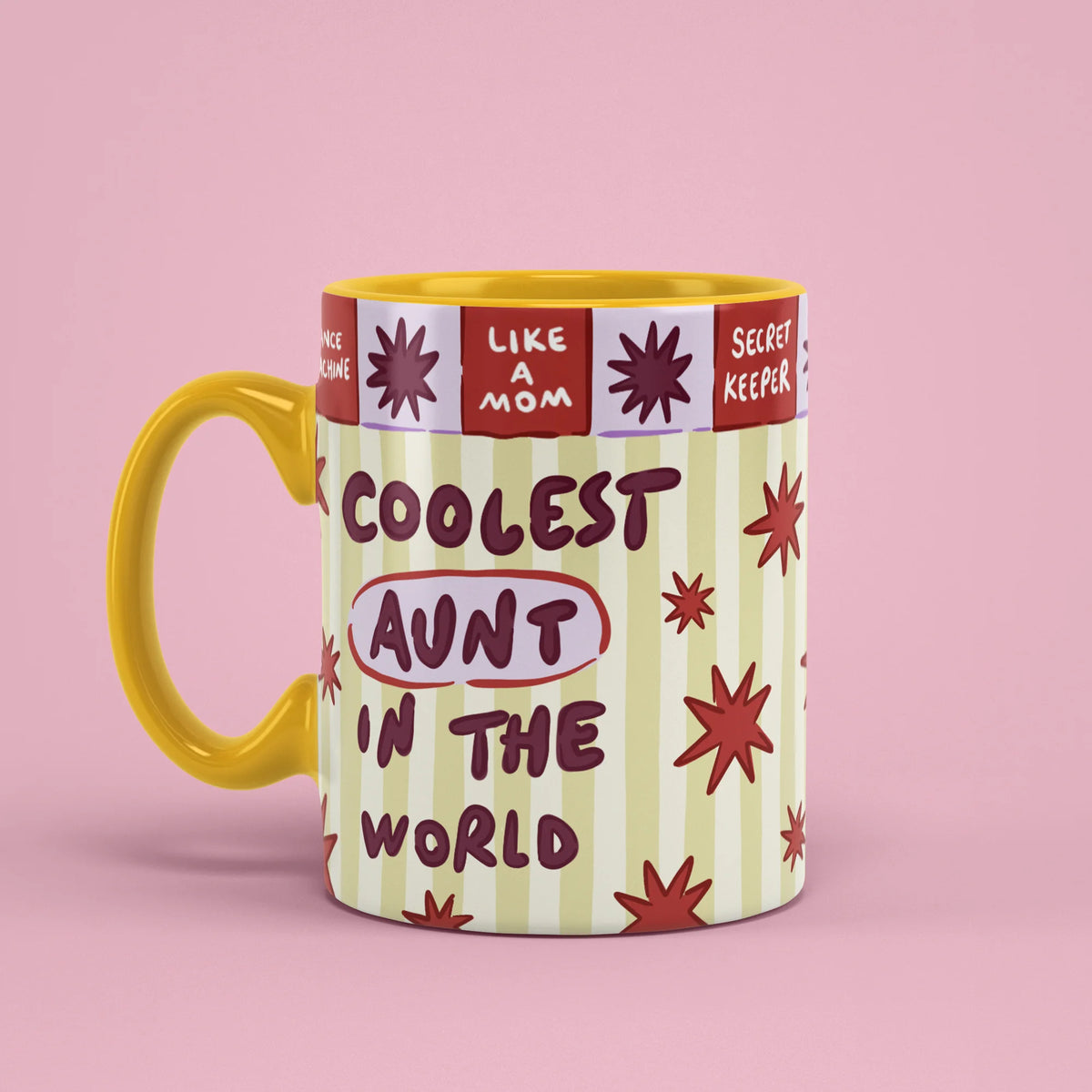 Left view of Coolest Aunt Mug with yellow handle