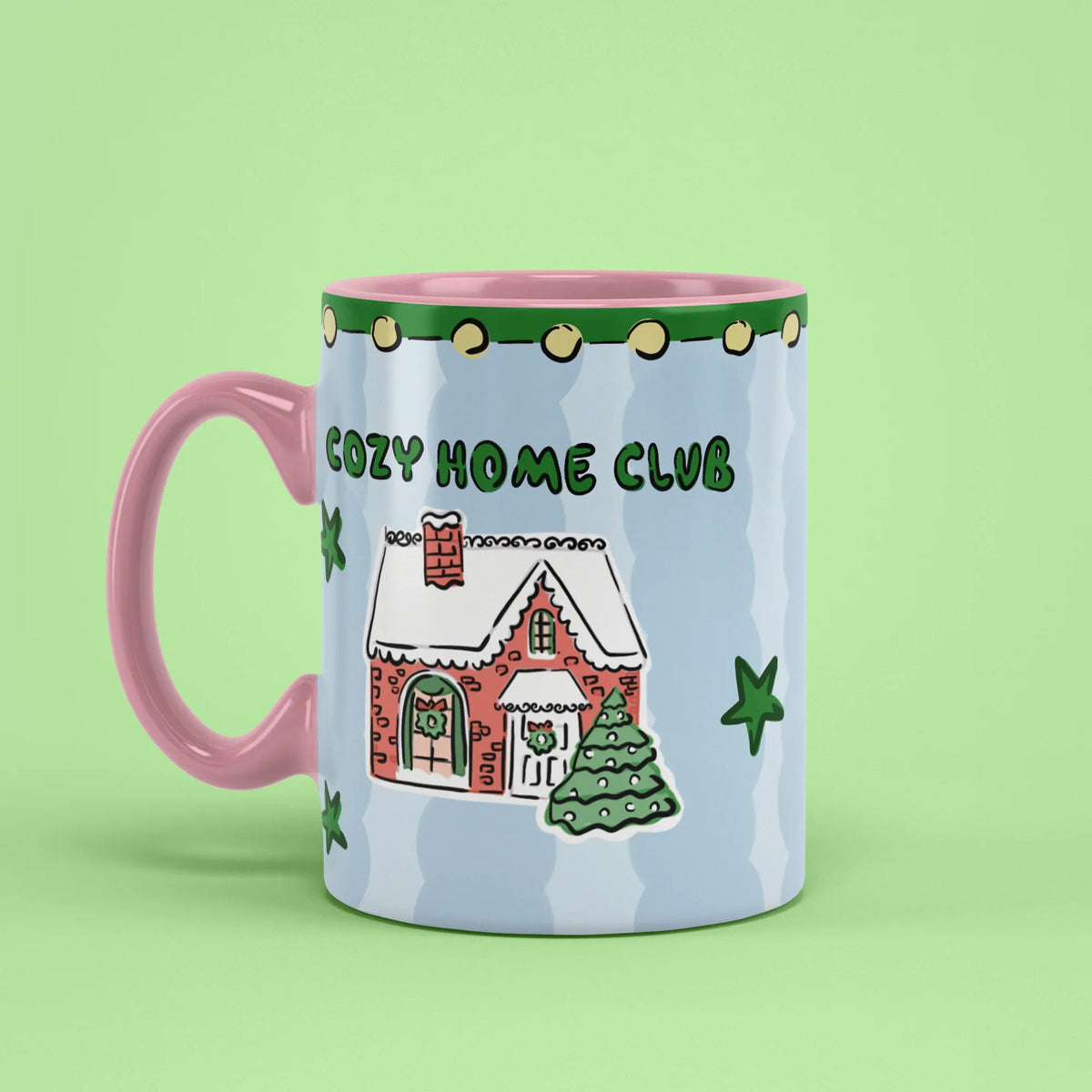 Cozy Home Club Mug – homebody cup with pink handle on left