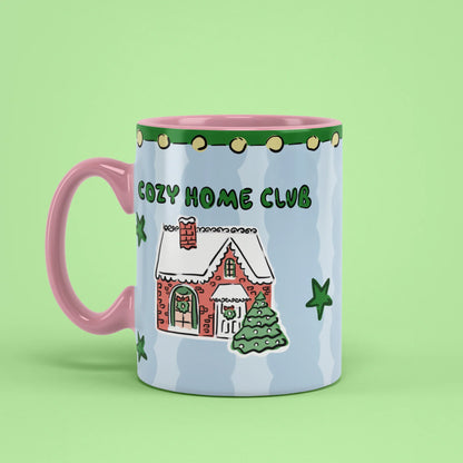 Cozy Home Club Mug – homebody cup with pink handle on left