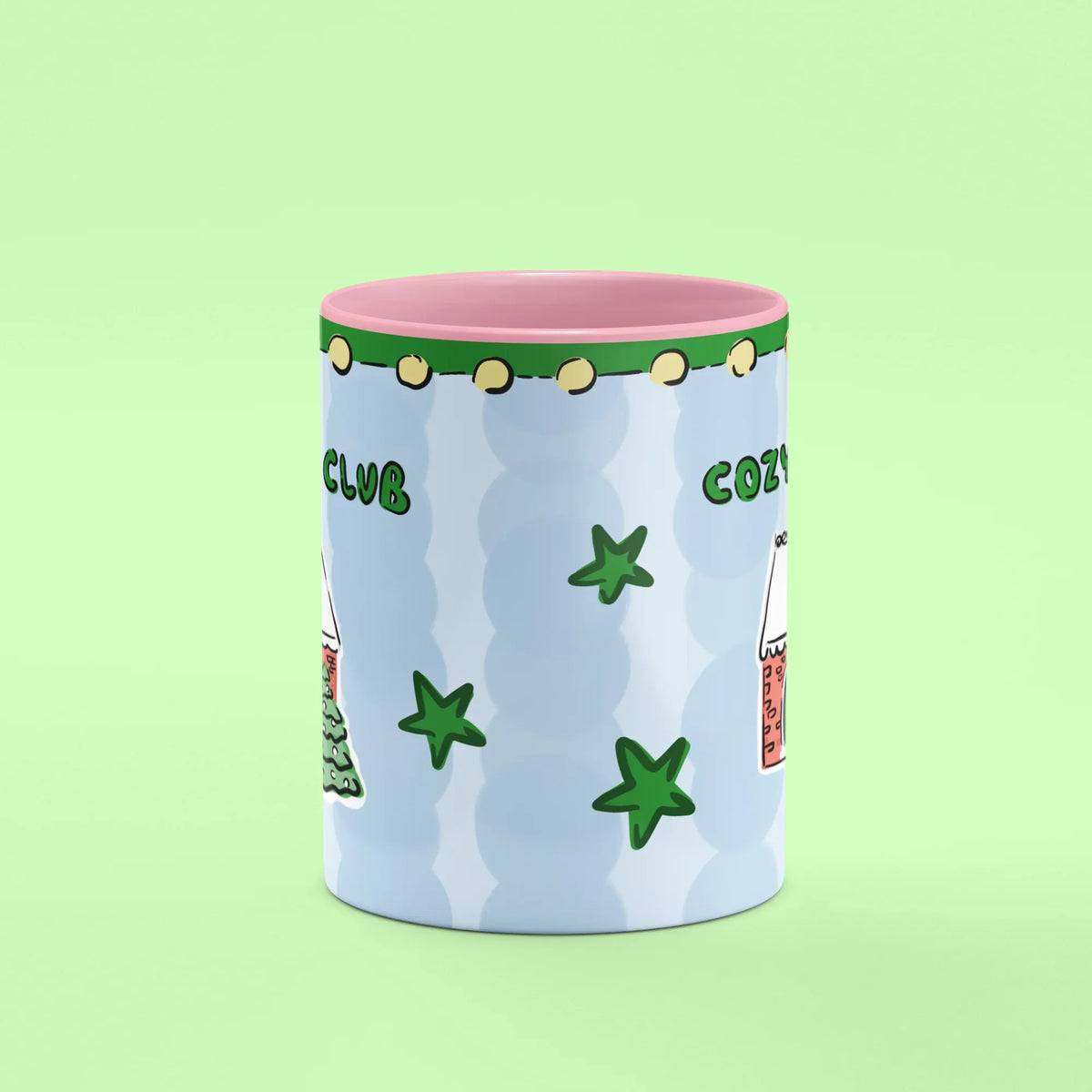 Cozy Home Club Mug – front view of winter cottage illustration