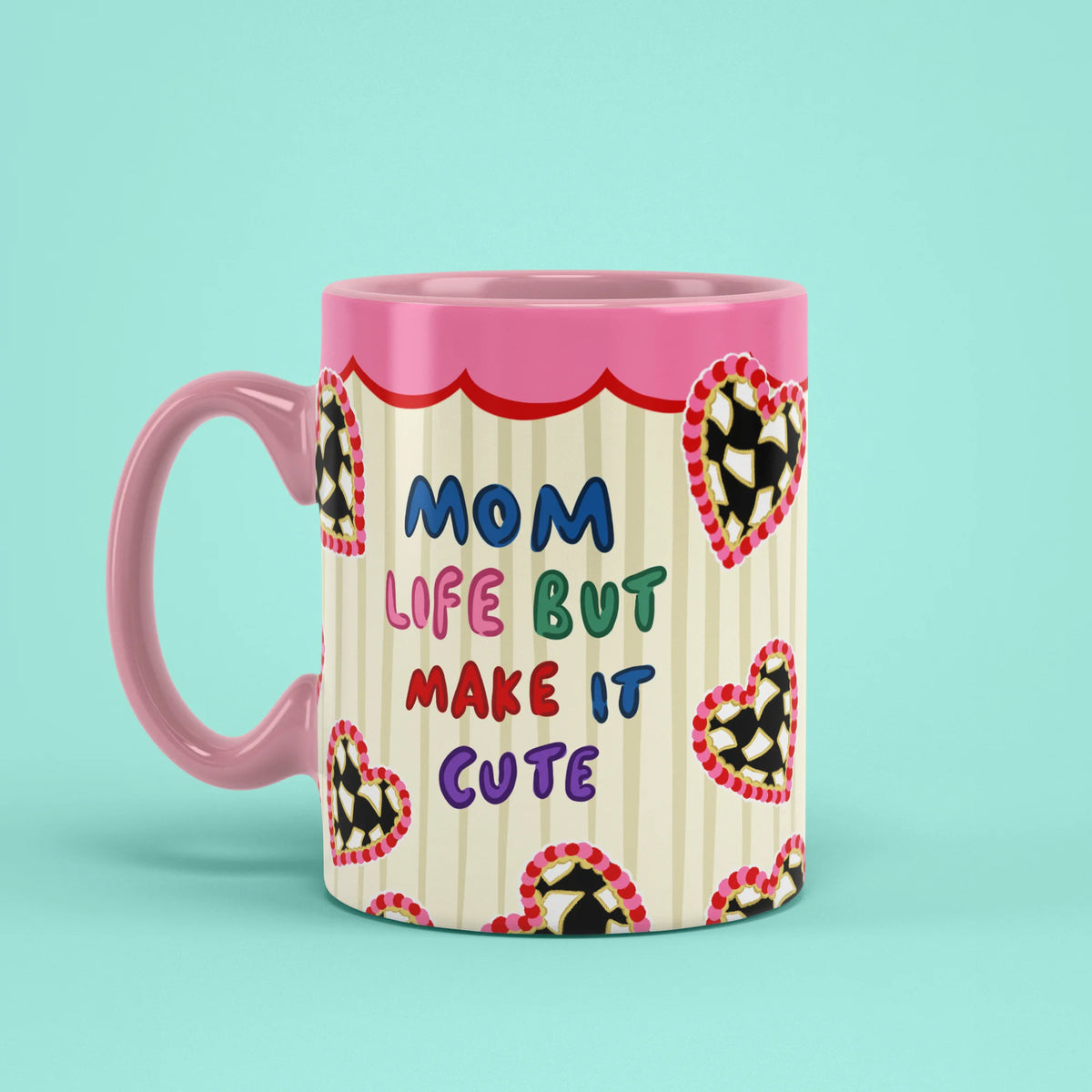 Left view of Cute Mom Life Mug with scalloped pink trim