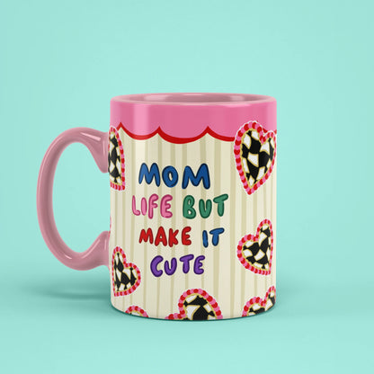 Left view of Cute Mom Life Mug with scalloped pink trim