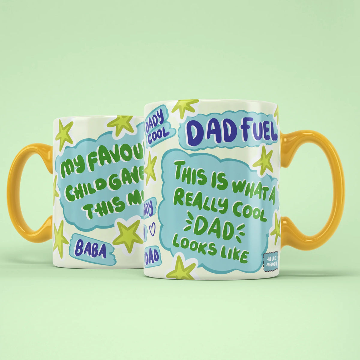 Dad Fuel Mug shown from both sides with green stars design