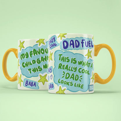Dad Fuel Mug shown from both sides with green stars design