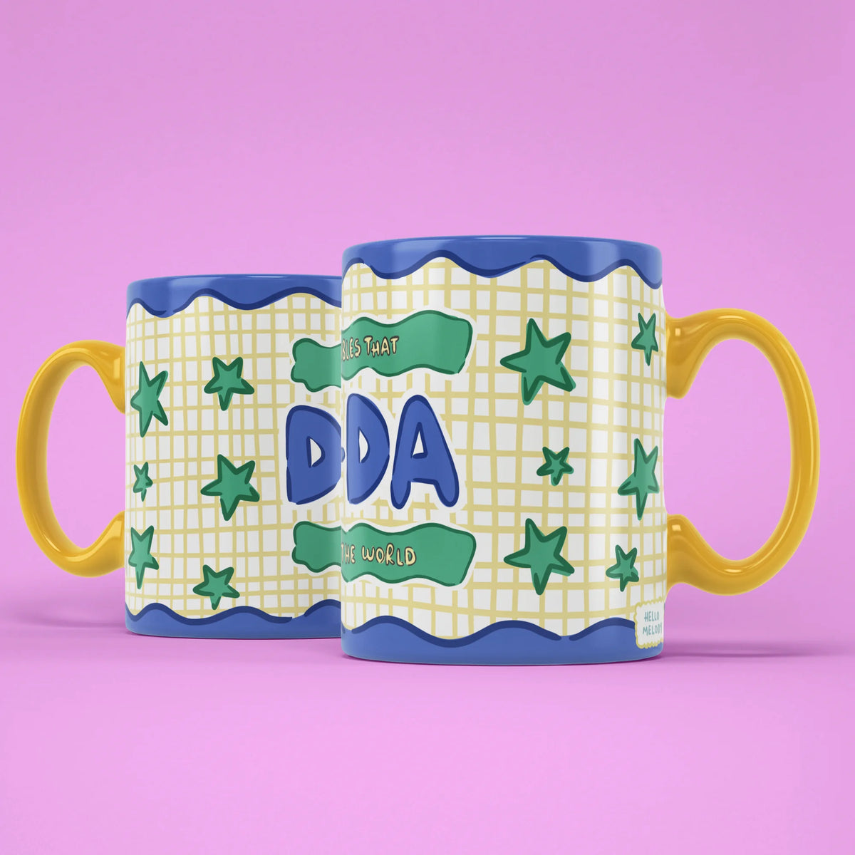 Da-Da Mug shown from both sides with yellow grid pattern