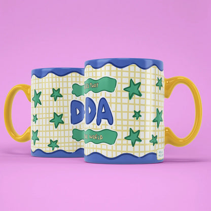 Da-Da Mug shown from both sides with yellow grid pattern