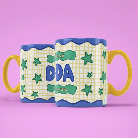 Da-Da Mug shown from both sides with yellow grid pattern
