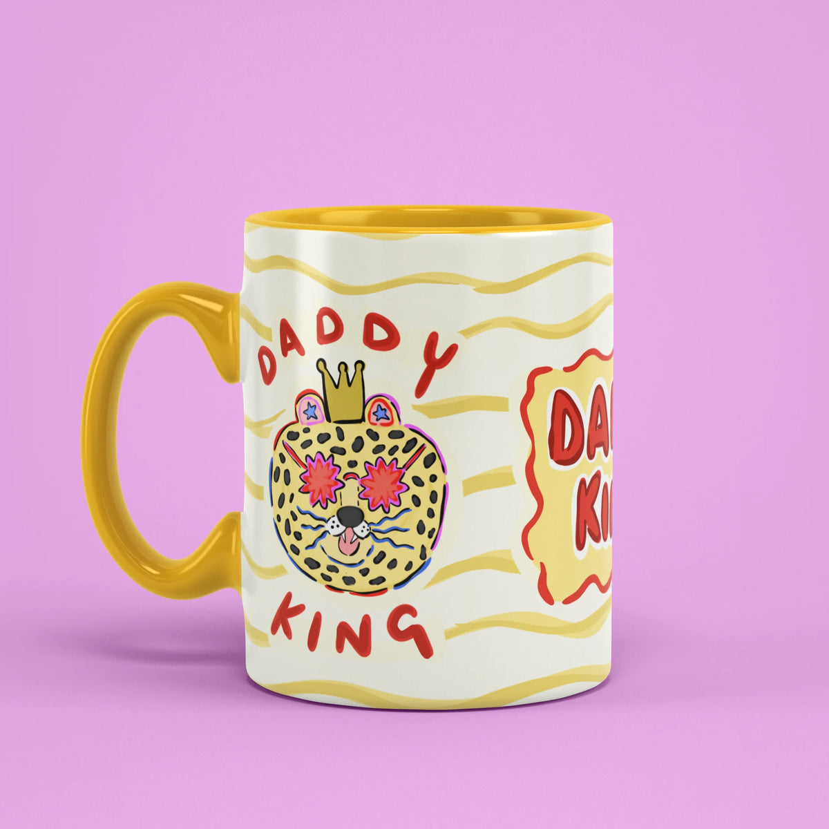 Left view of Daddy King Mug with wavy gold stripes