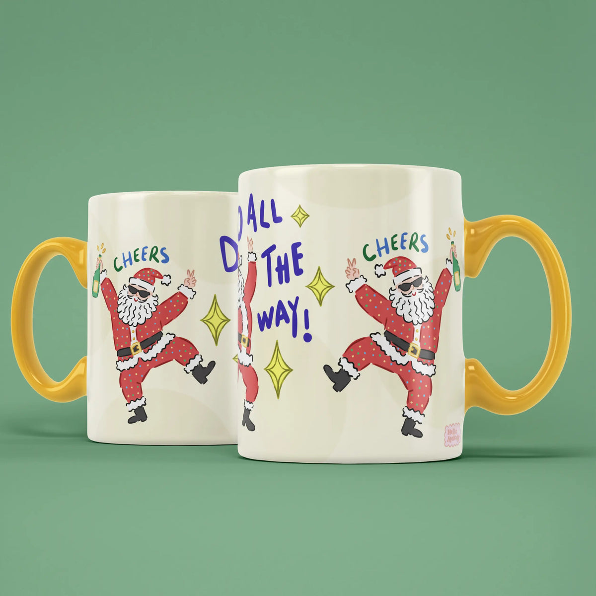 Two Disco All The Way mugs showing both sides of the colourful Christmas design