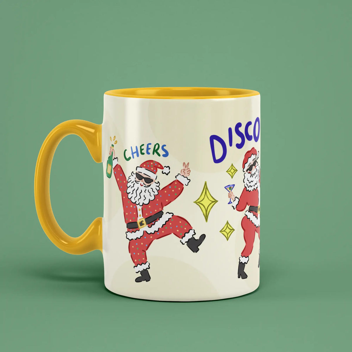 Disco All The Way Mug with festive illustrations and a yellow handle on the left