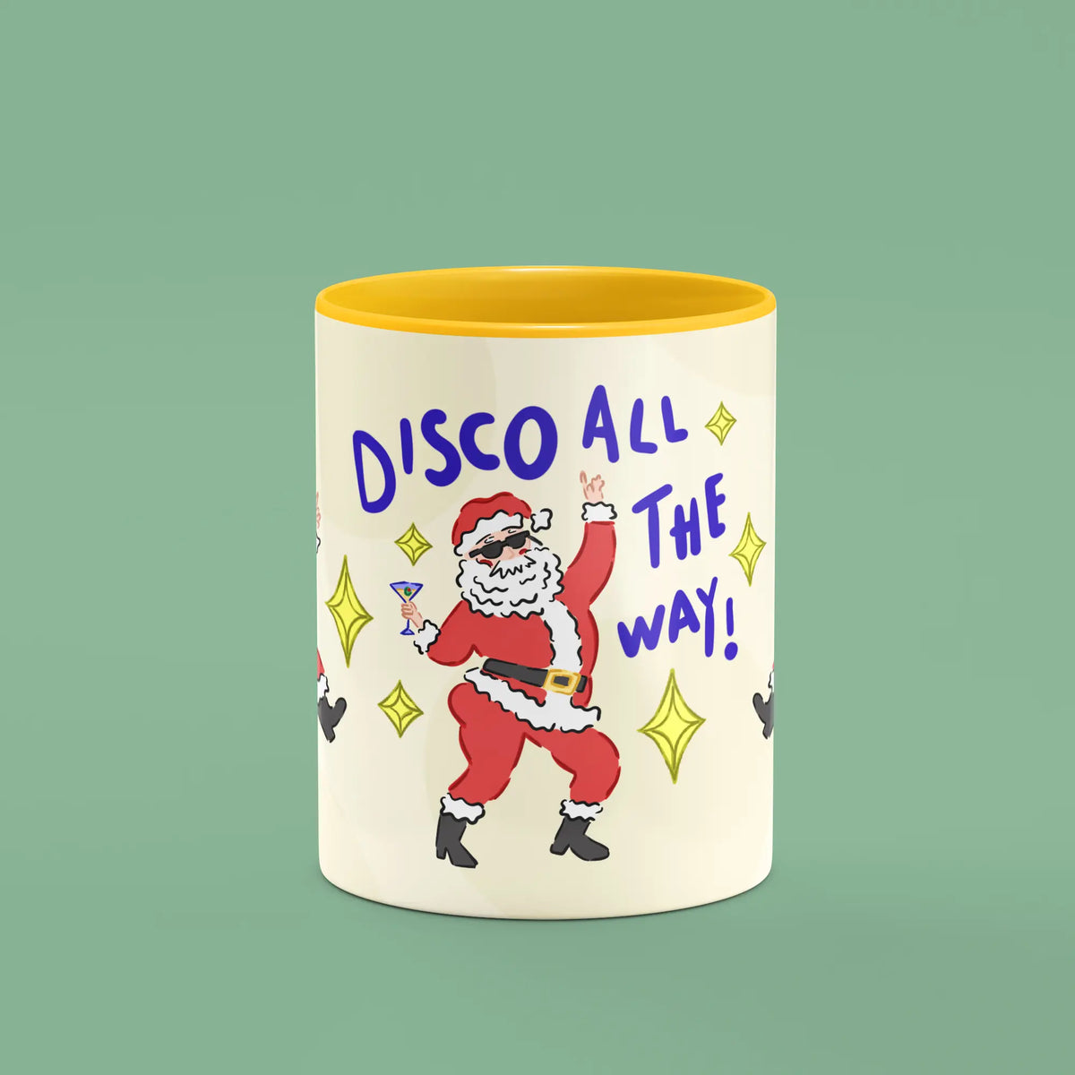 Front view of the Disco All The Way Mug showing dancing Santa and disco details