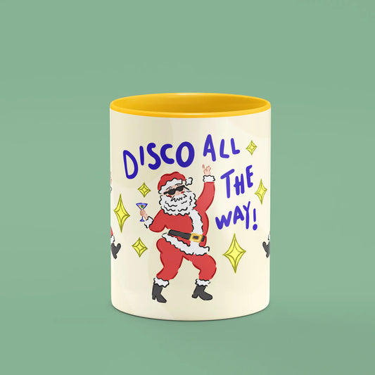 Front view of the Disco All The Way Mug showing dancing Santa and disco details