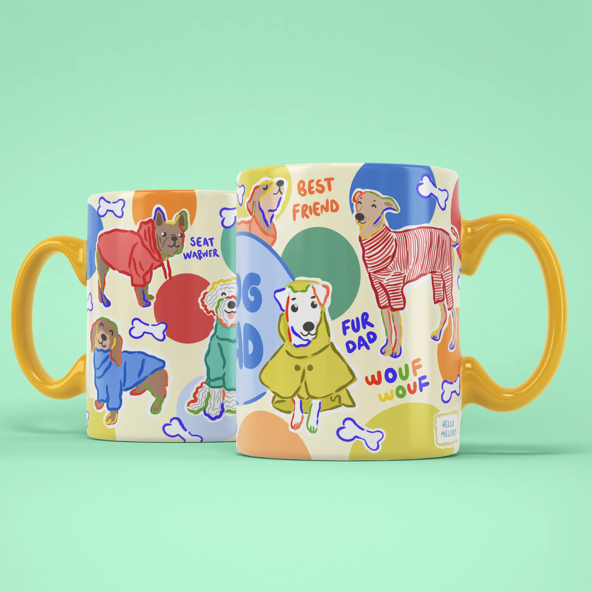 Dog Dad Mug shown from both sides with colourful dogs