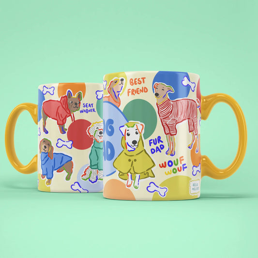 Dog Dad Mug shown from both sides with colourful dogs