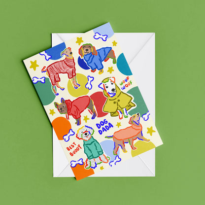 Dog Dad print – flat lay mock-up showing the colourful illustrated design
