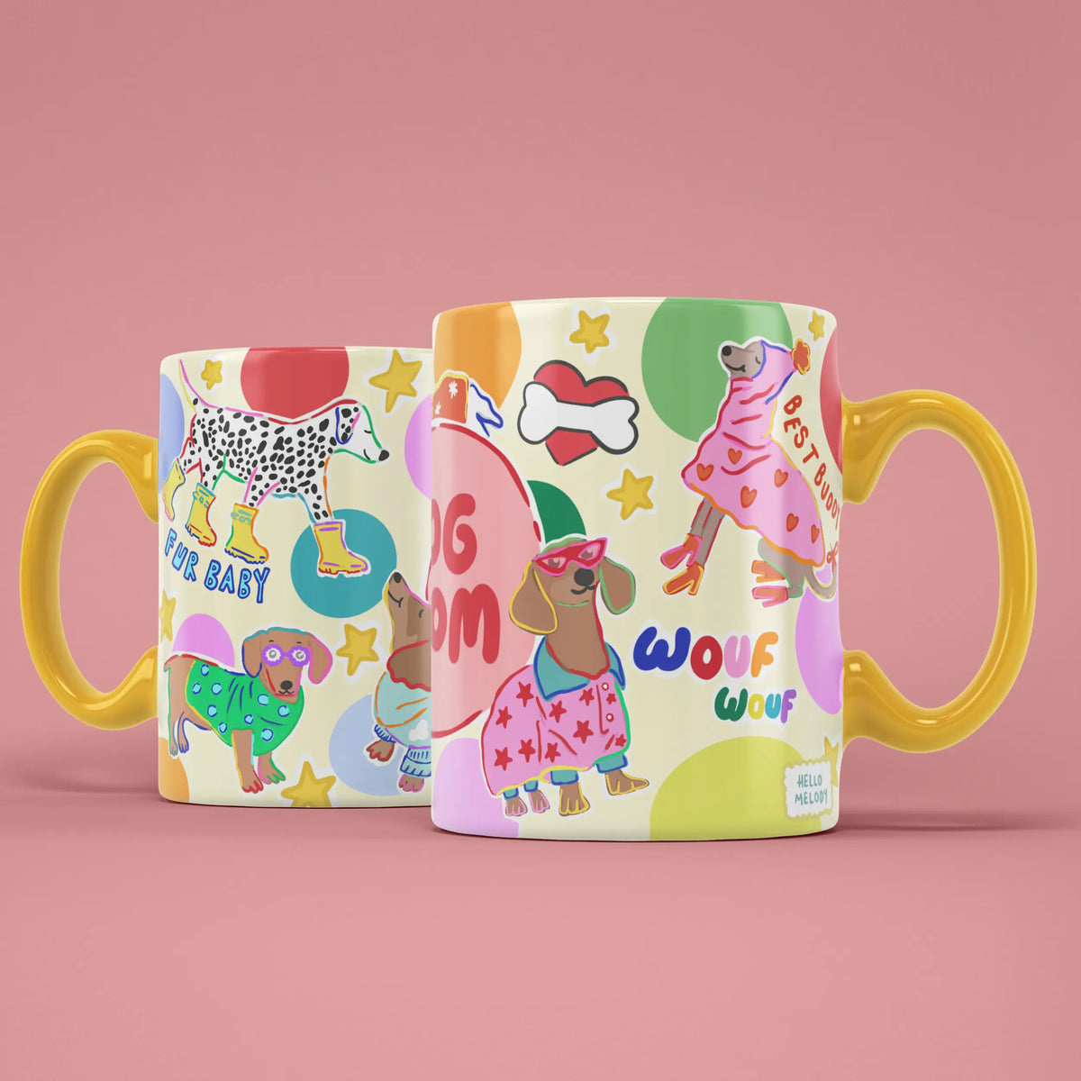 Two Dog Mom mugs showing both sides of the colourful dog lover design