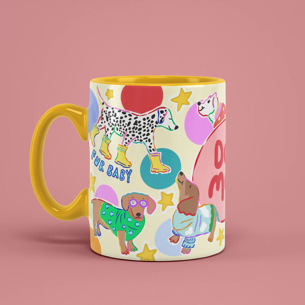 Dog Mom Mug with playful dog illustrations and a yellow handle on the left
