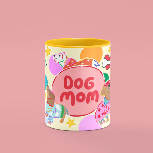 Front view of the Dog Mom Mug showing illustrated dogs and Wouf Wouf lettering