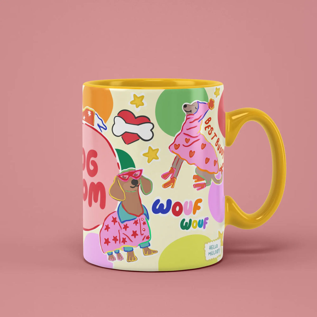 Dog Mom Mug with colourful illustrated dogs, stars and a yellow handle