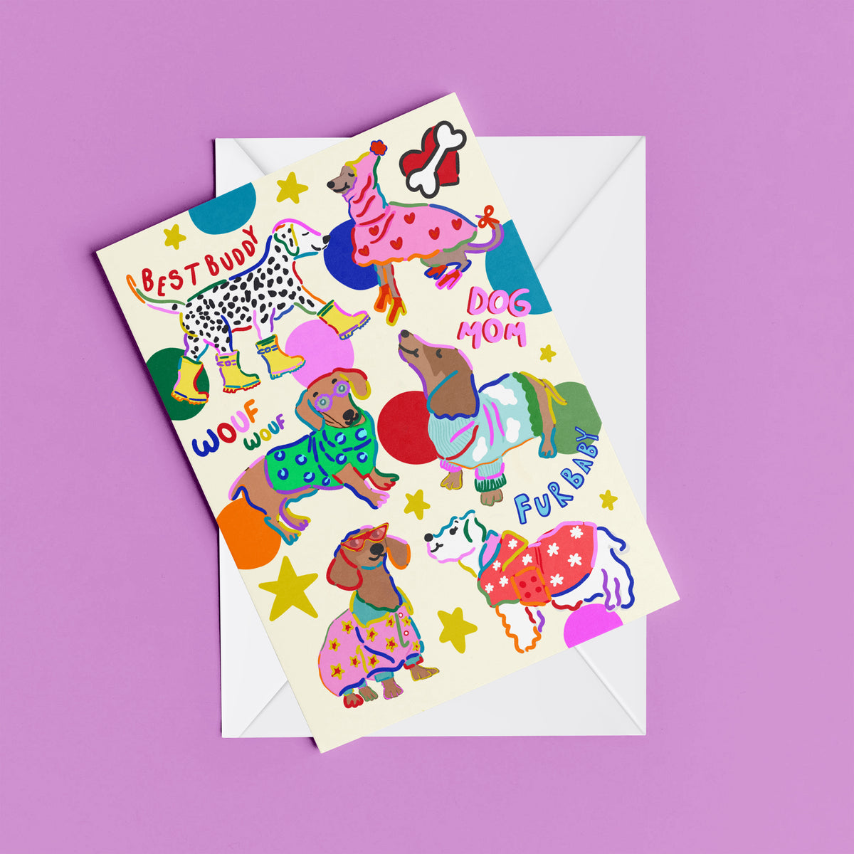 Dog Mom print – flat lay mock-up showing the colourful illustrated design