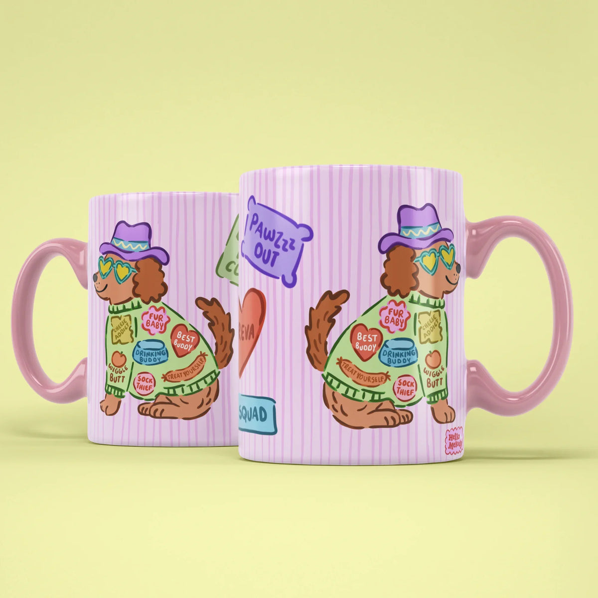 Dog Patch Mug – two mugs showing front and back of the patch design