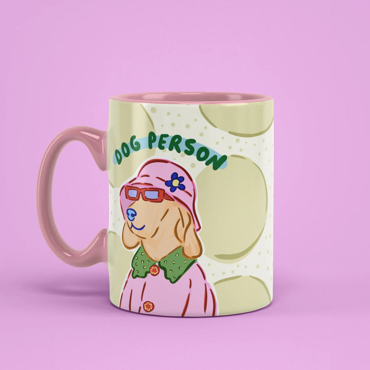 Dog Person Mug – retro dog cup with pink handle on left