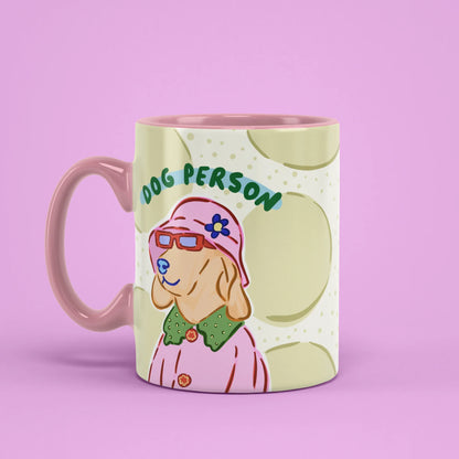 Dog Person Mug – retro dog cup with pink handle on left
