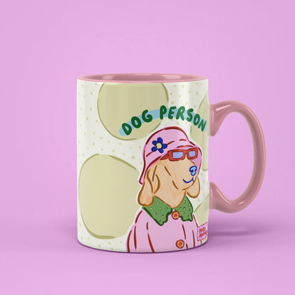 Dog Person Mug – retro pastel dog illustration, pink handle on right