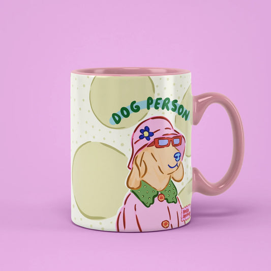 Dog Person Mug – retro pastel dog illustration, pink handle on right